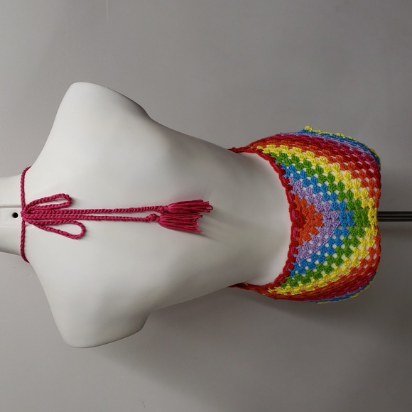 Color Block Open Knit Tassel Tie Backless Knot Waist Cami Romper Women's Size 6 - Picture 7 of 13